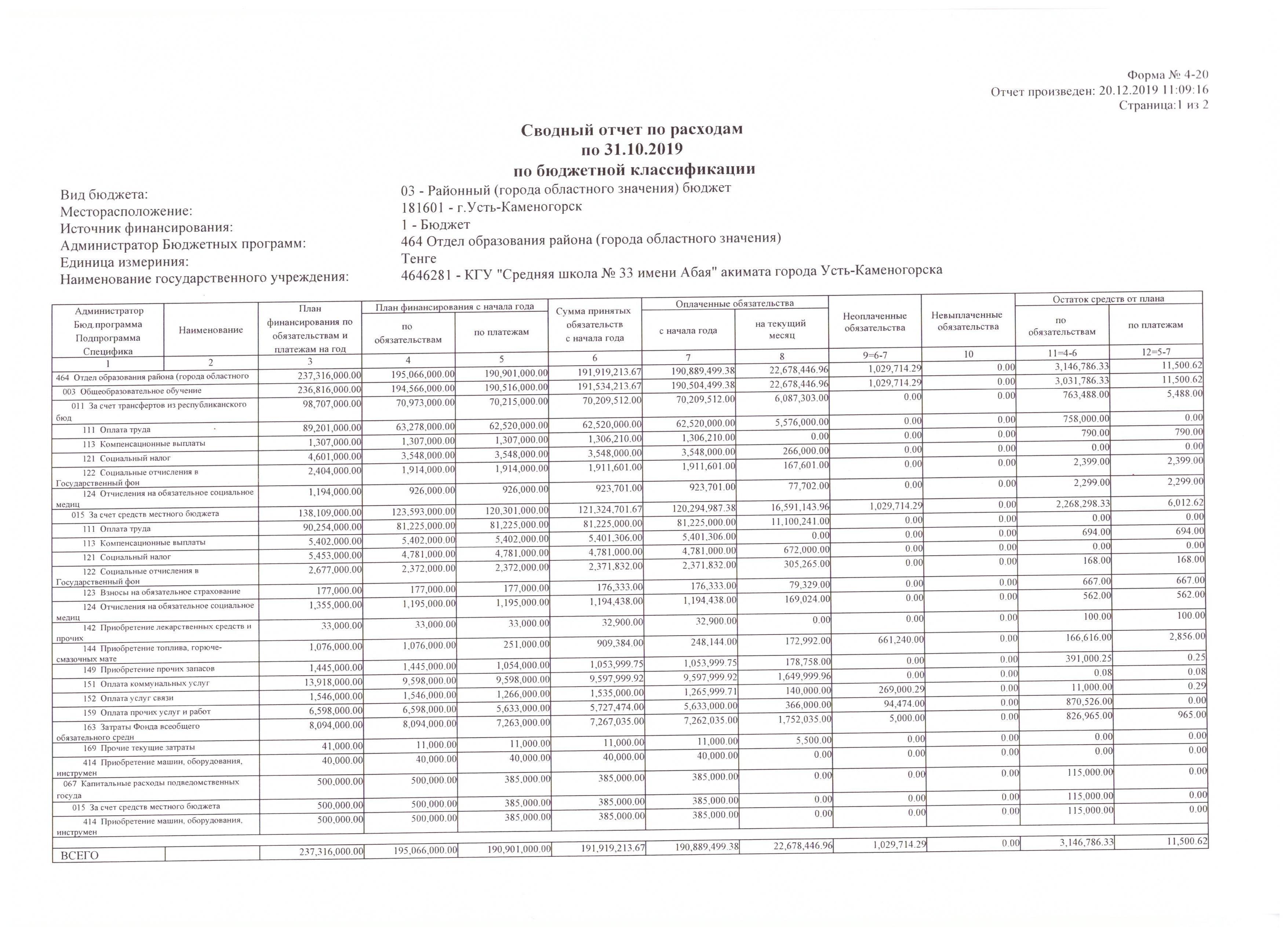 Сводный отчет по расходам по 31.10.2019 по бюджетной  классификации