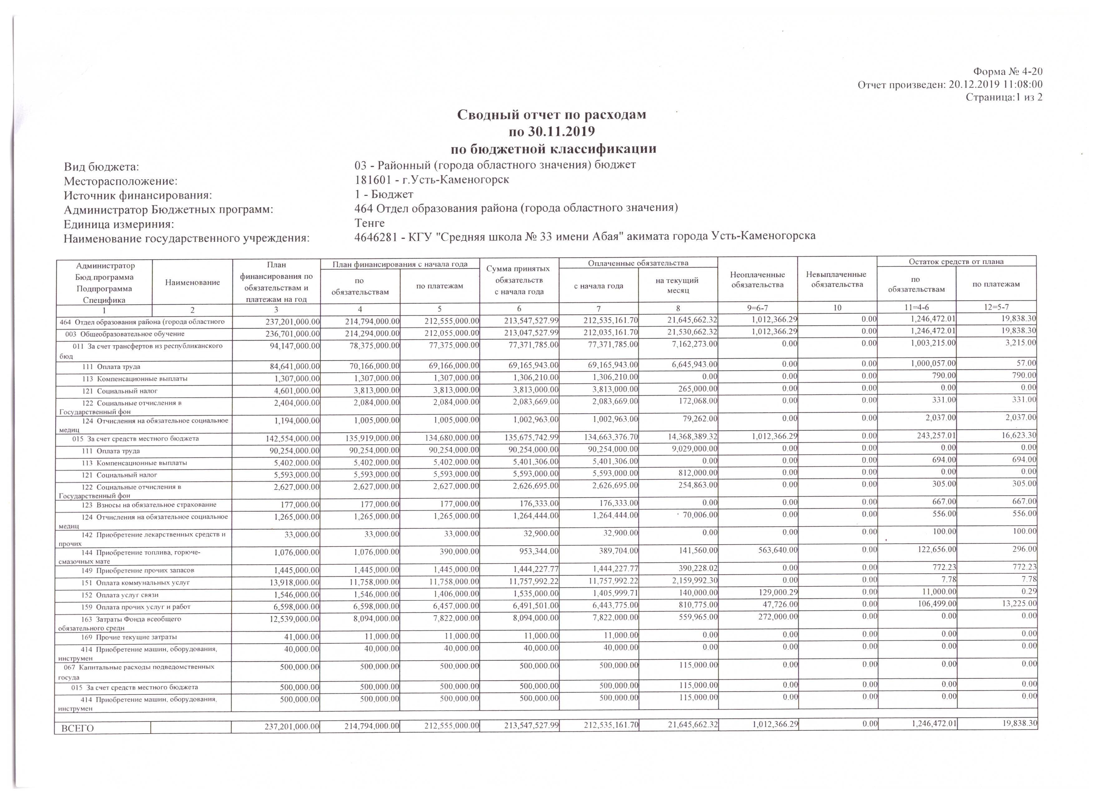 Сводный отчет по расходам по 30.11.2019 по бюджетной  классификации