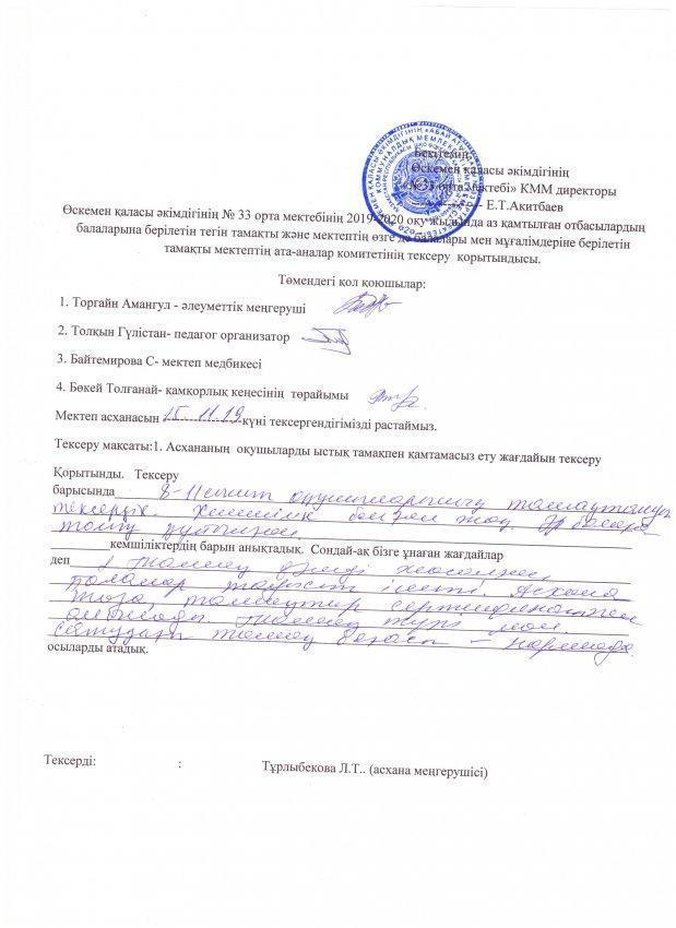 Мектеп асханасын қадағалау актісі